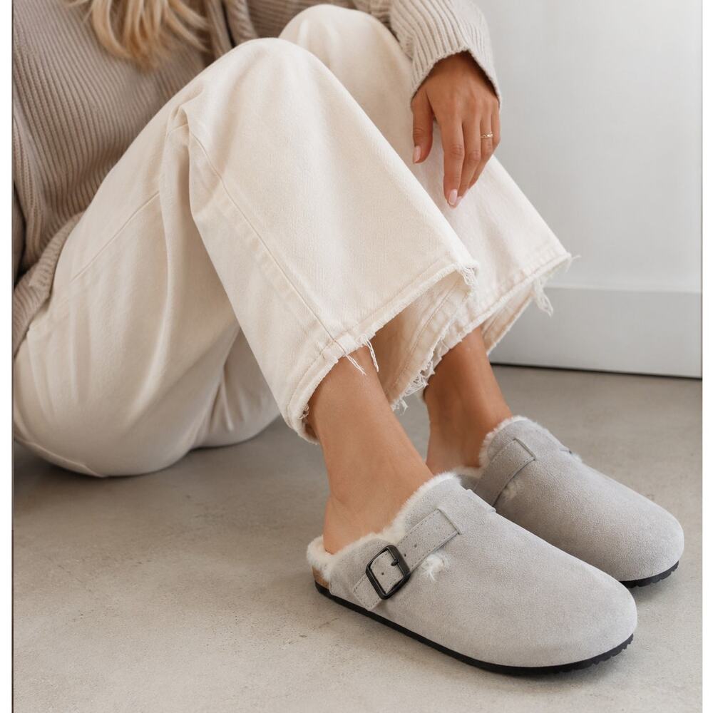 The White Company Grey Suede Corkbed Mule Sandals Womens 9/10 M Sherling Lined
